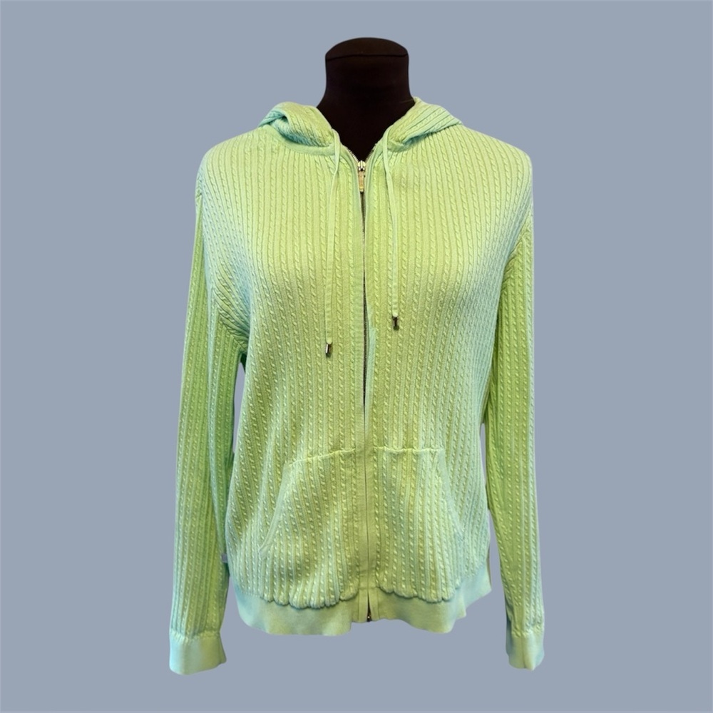 Lauren Ralph Lauren Lime Green Cable Knit Zip-Up Hooded Cardigan Sweater size XL - Picture 10 of 10